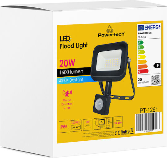 Powertech Waterproof LED Flood Light 20W Natural White 4000K with Motion Sensor IP65