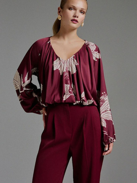 Women's Blouse Satin Long Sleeve with V Neckline Bordeaux