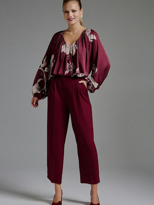Women's Blouse Satin Long Sleeve with V Neckline Bordeaux