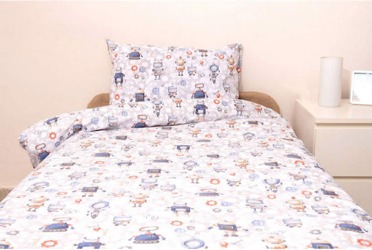 Viopros Set Cearceaf Pentru Copii Single Cu Față De Pernă Din Bumbac Robot 160x240cm