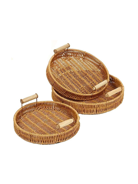 Tatu Moyo Wooden Round Serving Tray with Handles in Beige Color 27x27x4.5cm 1255208380 1pcs