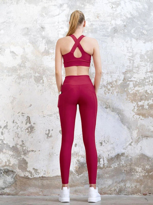 Lismina Frauen Lang Leggings Hochgeschnitten & Push Up Red Wine