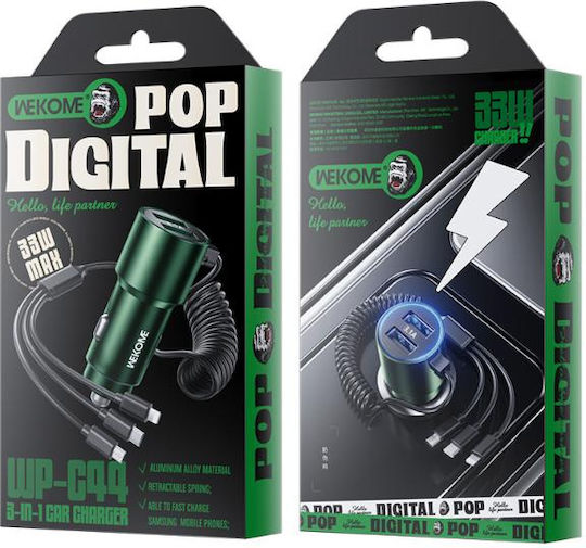 WK WP-C44 Auto-Ladegerät 33W 2A mit Anschlüssen: 2xUSB mit Kabel Blitzschlag / Mikro-USB / Typ-C,TC-TC Schwarz Farbe