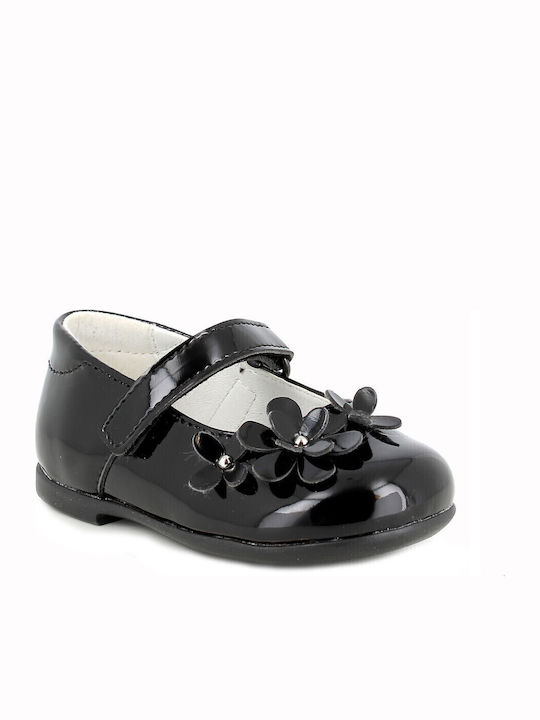 Kids Leather Ballerinas with Hoop & Loop Closure Black
