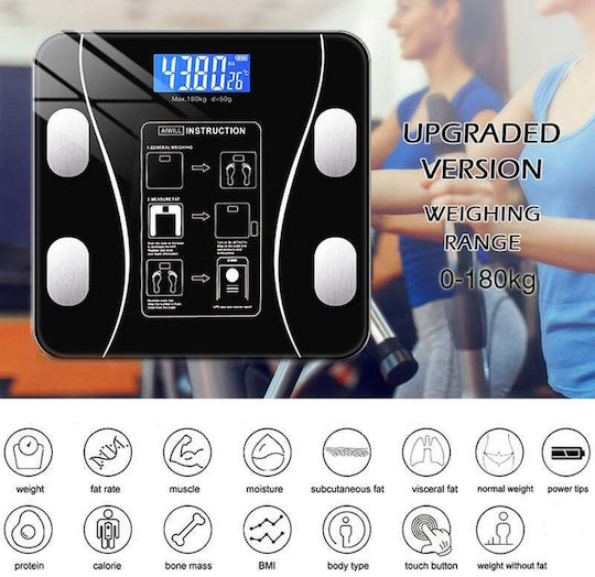 Cântar Inteligent pentru Corp Termometru Diagnostic USB Bluetooth Aplicație Fitness Sticlă Călită LCD Negru