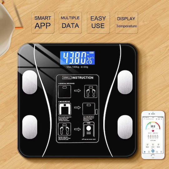 Cântar Inteligent pentru Corp Termometru Diagnostic USB Bluetooth Aplicație Fitness Sticlă Călită LCD Negru