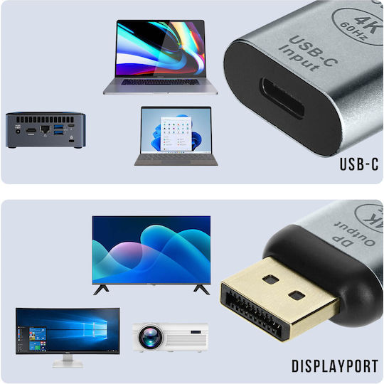 Female Usb-c To Male Displayport Video Compact Adapter Gray