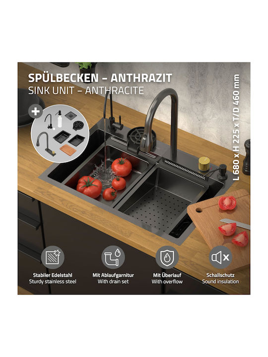 Chiuvetă încorporată 68x46 cm Set complet robinet 8 piese oțel inoxidabil antracit Ml Design