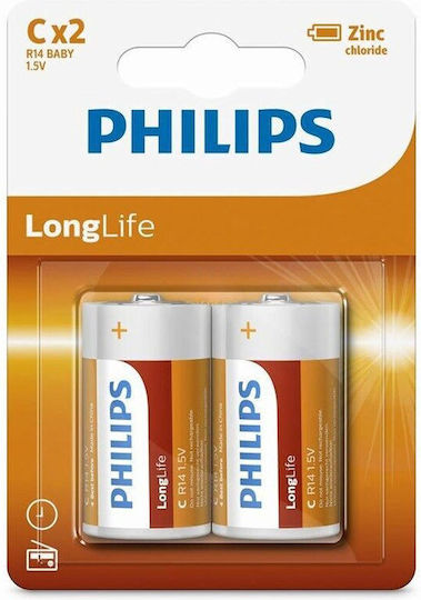 Set 2 Philips Lr14 Batteries Longlife Alkaline