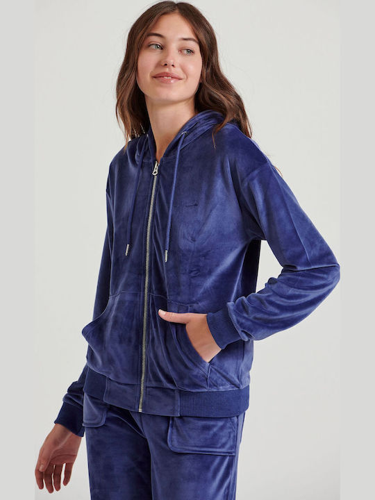 Long Women's Sweatshirt Jacket Velvet Hooded Imperial Purple