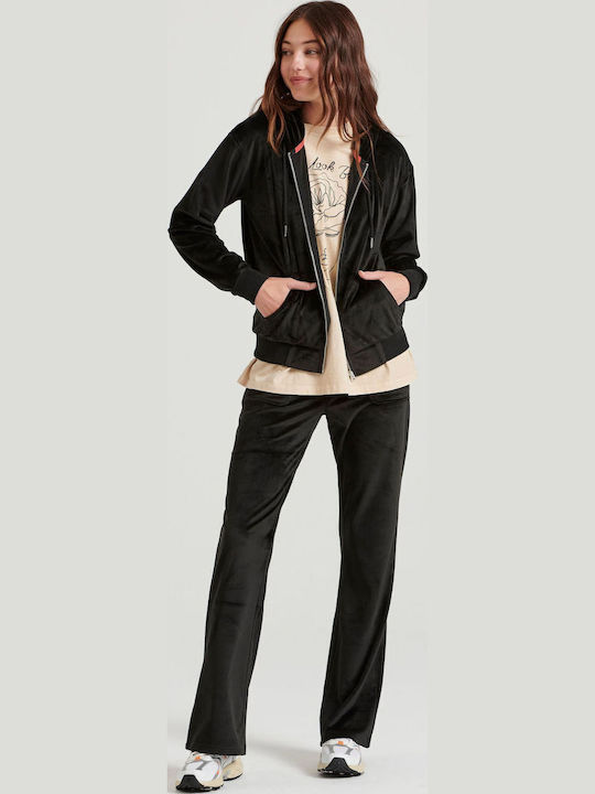 Long Women's Sweatshirt Jacket Velvet Hooded Black