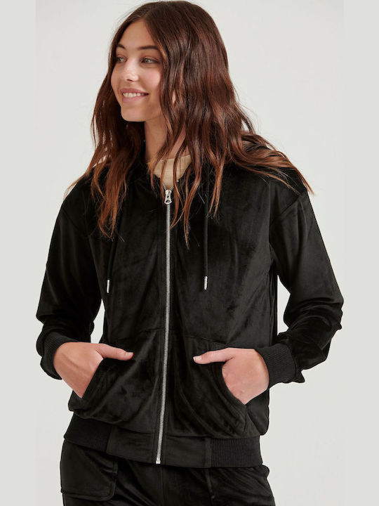Long Women's Sweatshirt Jacket Velvet Hooded Black