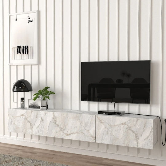 TV Stand Damla Made of Metal & Wood with LED Lighting White Marble Effect L180xD29.5xH29.5cm