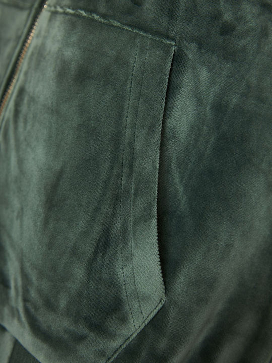 Lang Damen Sweatshirtjacke Samt Kapuzen Khaki