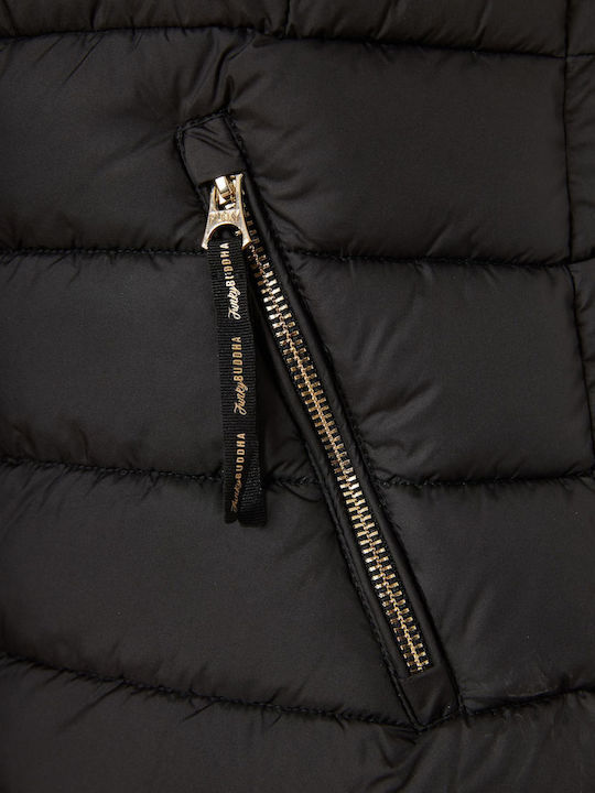 Women's Short Puffer Jacket for Winter with Detachable Hood Black