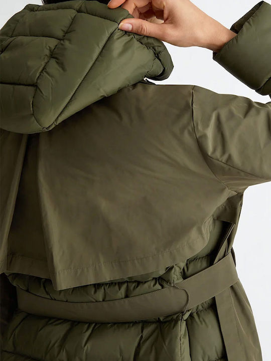 Imbottito Women's Long Puffer Jacket for Winter Khaki