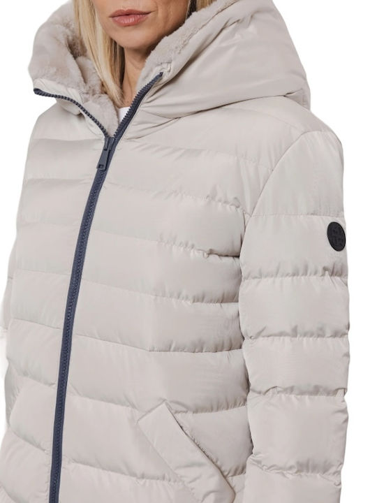 Women's Long Puffer Jacket for Winter with Hood Beige