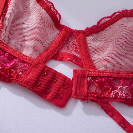 La Lolita Amsterdam Sexy Σετ Εσωρούχων με Διαφάνεια & Ζαρτιέρες Κόκκινο 3τμχ