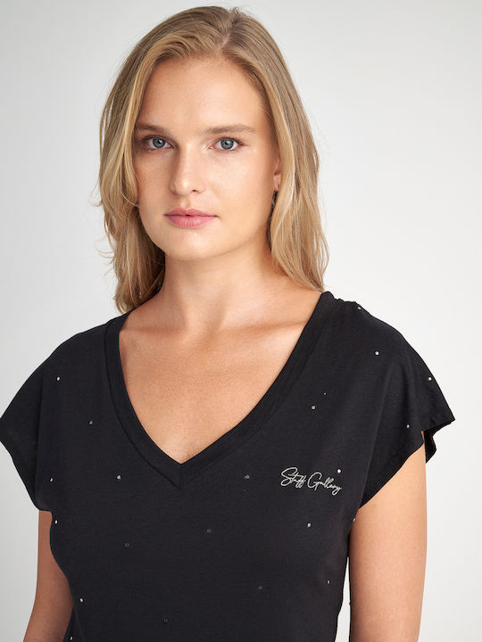 Staff Women's Blouse Short Sleeve with V Neckline Black