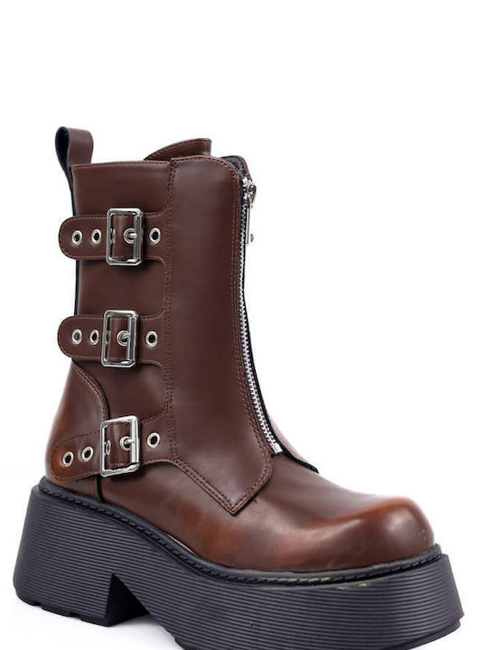 Brown Platform Ankle Boots with Triple Buckle