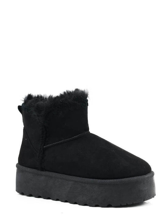 Black Fur Ankle Boots with Knitted Details