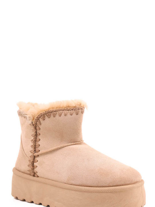 Beige Fur Ankle Boots with Knitted Details