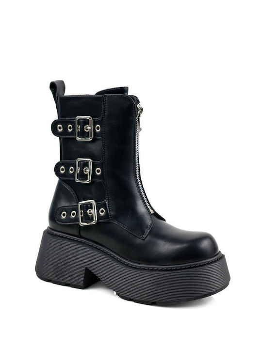 Black Platform Ankle Boots with Triple Buckle