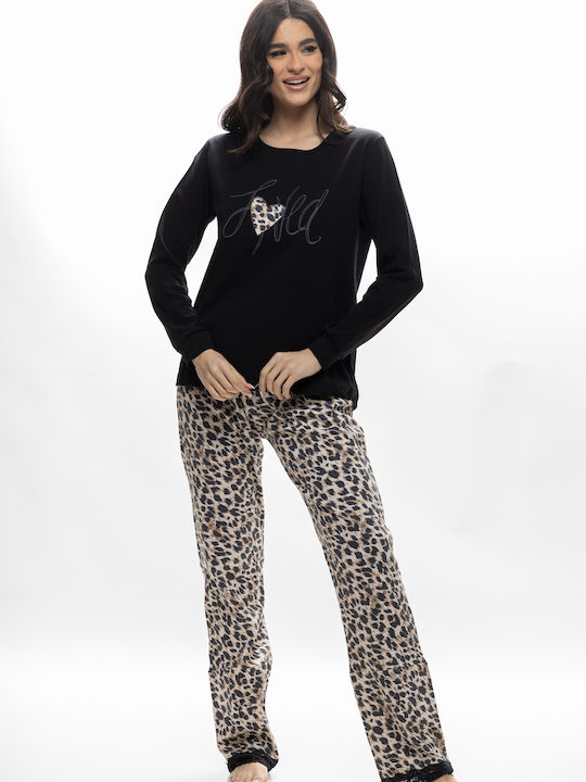 Galaxy Winter Damen Pyjama-Set Baumwolle Μαύρες/λεοπάρ