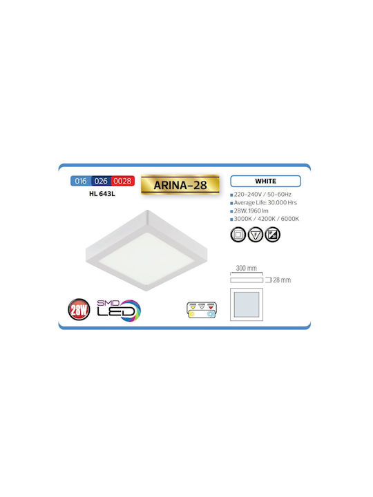 Panou LED Pătrat Arine-28 Lumină Rece 28W 30x30cm 1960 Lm