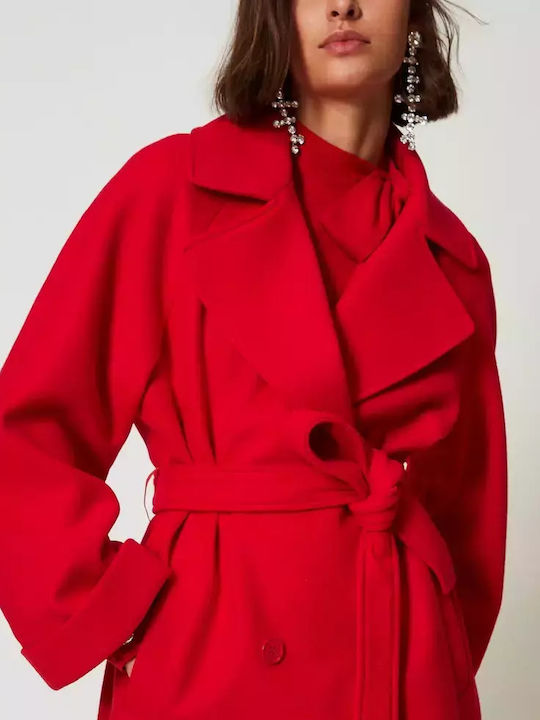 Γυναικείο Fiery Red Παλτό με Ζώνη