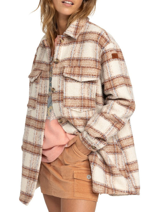Check The Swell Women's Checked Long Sleeve Shirt Beige