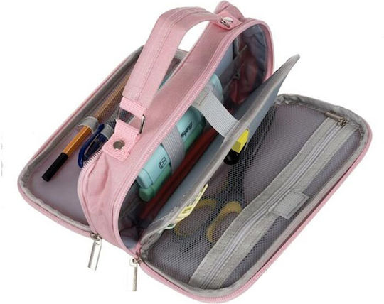 Expandable Polyester Pencil Case Large 2 Compartments Pink 11x7x23 Cm Aria Trade