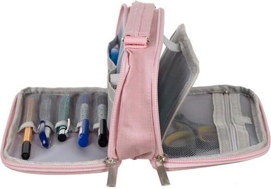 Expandable Polyester Pencil Case Large 2 Compartments Pink 11x7x23 Cm Aria Trade