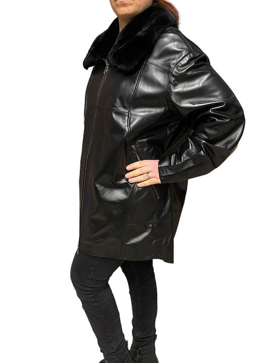 MARKOS LEATHER Women's Long Lifestyle Artificial Leather Jacket for Winter BLACK