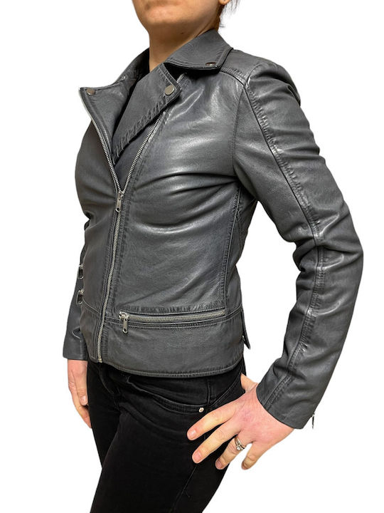 MARKOS LEATHER Women's Short Biker Leather Jacket for Winter Grey