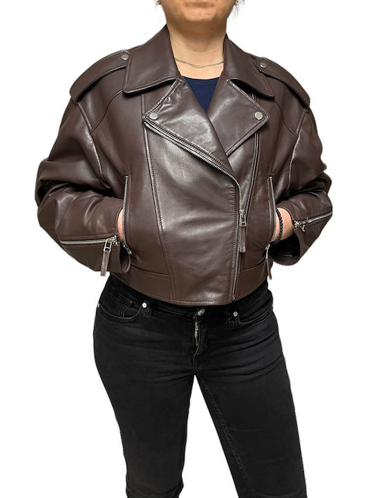 MARKOS LEATHER Women's Short Biker Leather Jacket for Winter CAFE