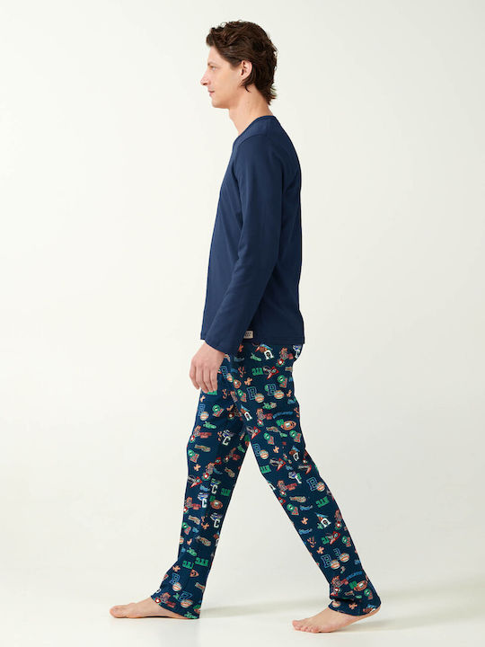 Vamp Men's Cotton Pyjamas V-Neck & Patterned Pants Blue Moonlit