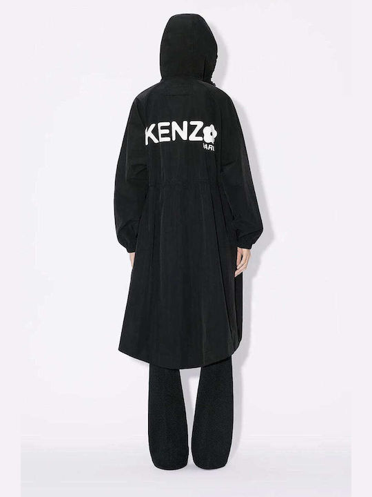 Kenzo Women's Long Lifestyle Jacket Waterproof and Windproof for Spring or Autumn with Hood Black