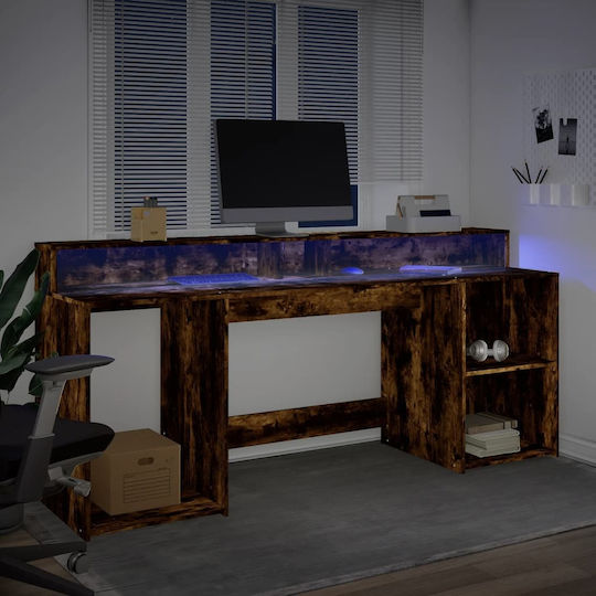 Vidaxl Schreibtisch mit LED Rauchige Eiche 200x55x91cm Holzwerkstoff 1 Stück Braun