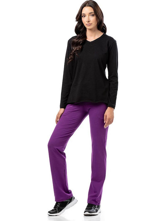 Damen Sport Bluse Langärmelig mit V-Ausschnitt Schwarz