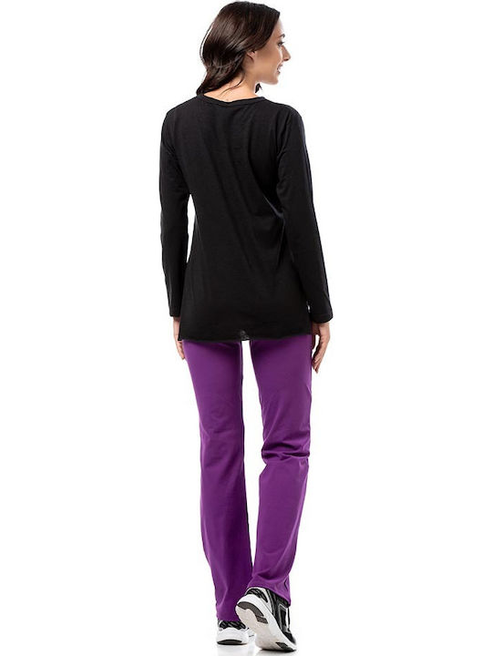 Damen Sport Bluse Langärmelig mit V-Ausschnitt Schwarz