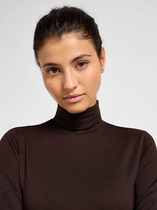 Damen Crop Top Baumwolle Rollkragenpullover Langarm Braun