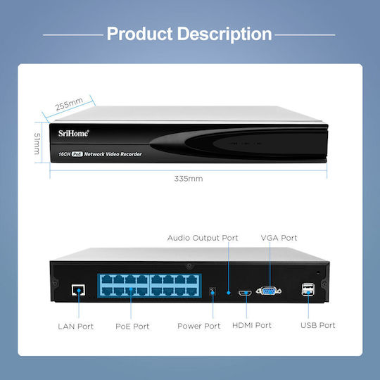 Sricam Înregistrare video NVR 16 canale cu rezoluție Full HD+ NVS006