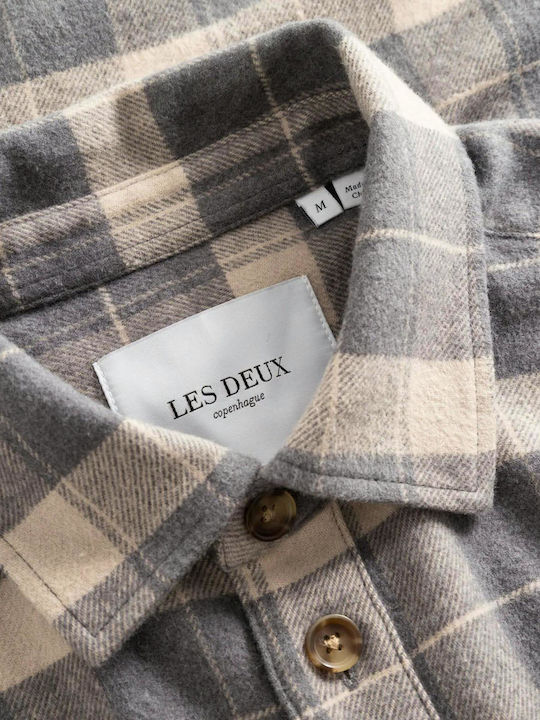 Les Deux Men's Shirt Overshirt Long Sleeve Flannel Checked Ekru