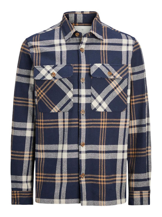 Melange Long Sleeve Cotton Overshirt In Regular Fit Checked Night Sky Multi