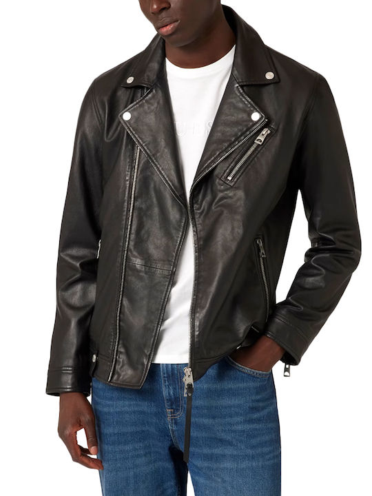 Guess Men's Leather Biker Jacket Black