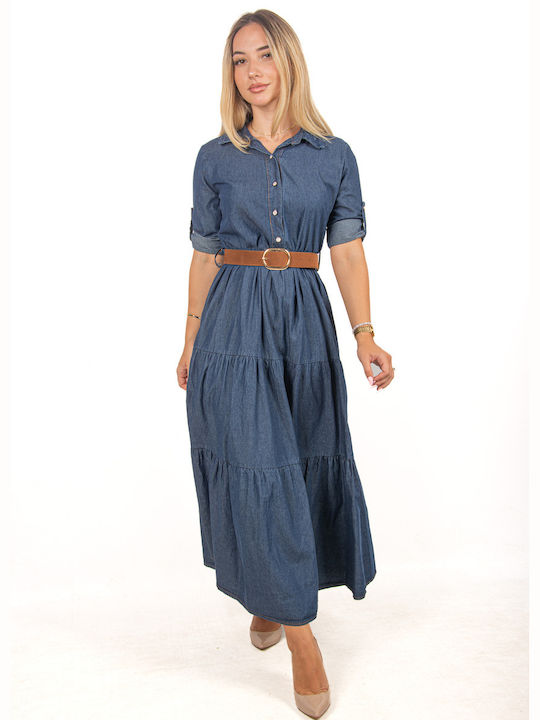 Denim Dress with Belt Blue