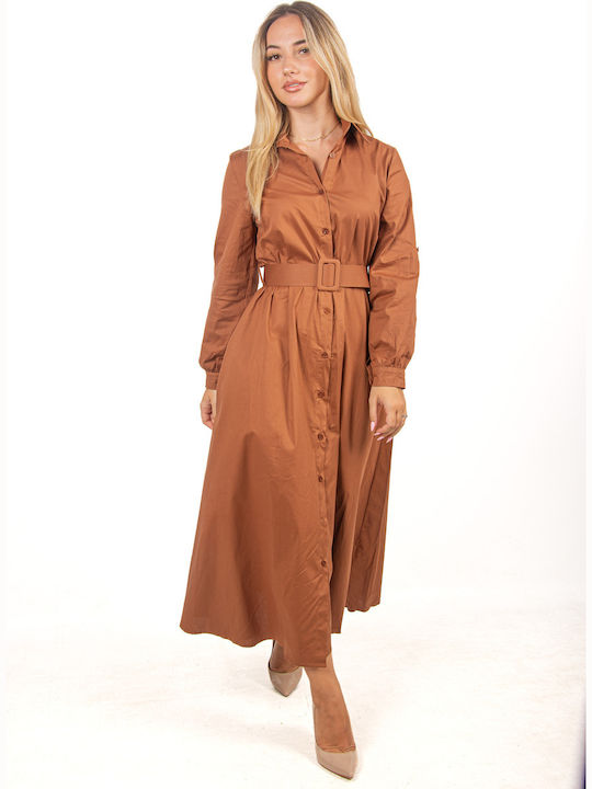 Cotton Shirt Dress with Camel Belt