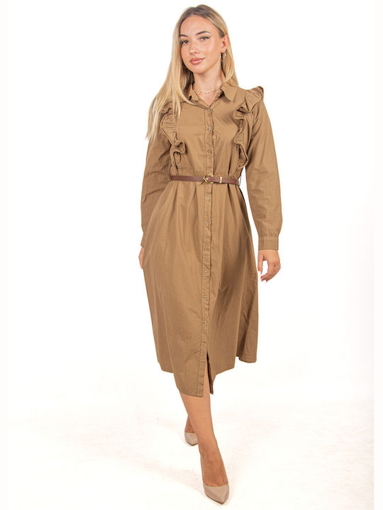 Shirt Dress with Ruffles and Belt in Camel