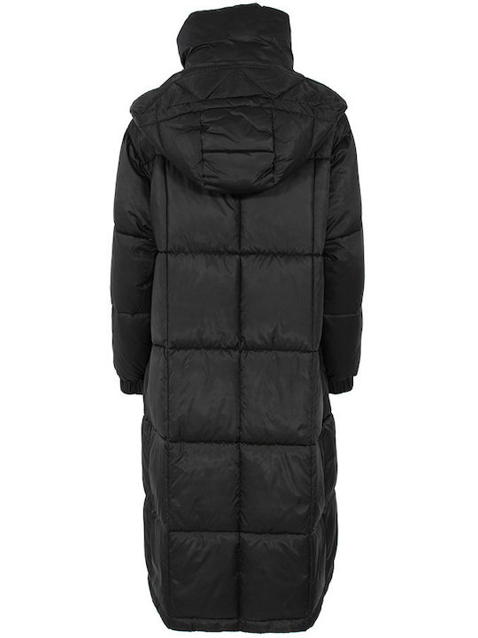 Pinko Women's Long Puffer Jacket for Winter with Hood BLACK